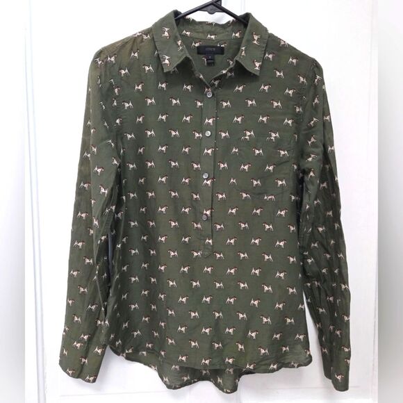 J. Crew Green Blouse with Dog Print - Picture 1 of 12